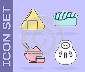 Set Maneki neko cat, Sushi, Rice in a bowl with chopstick and Sushi icon. Vector