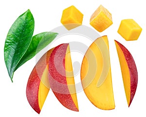 Set of mango slices and cubes isolated on a white background