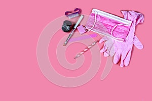 Set of manicure accessories on a pink background. top view. personal protective equipment. Composition for card with a place for