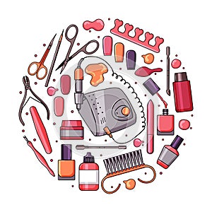 A set of manicure equipment. Collection of various tools nail file, nail clippers, scissors, nail polishes.