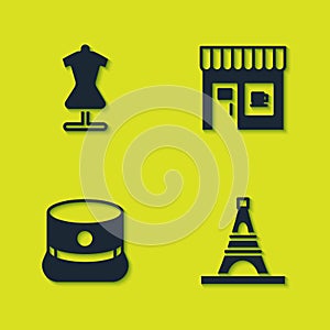 Set Mannequin, Eiffel tower, Kepi and Coffee shop icon. Vector