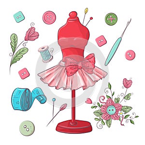 Set of mannequin sewing accessories. Hand drawing. Vector illustration