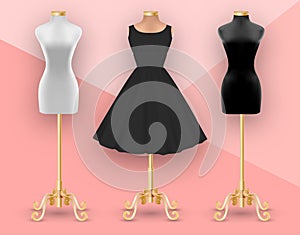 Set of mannequins. Black womens dress mockup on beige mannequin. Clothes realistic 3d mock up