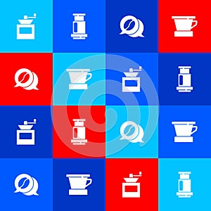 Set Manual coffee grinder, Aeropress, Coffee and conversation and V60 maker icon. Vector