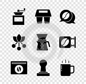 Set Manual coffee grinder, Coffee cup to go, and conversation, Bag beans, tamper, bean, branch and Pour over maker icon