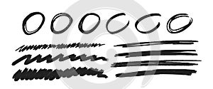 Set Of Manuscript Marks, Doodle Hand Drawn Circles And Strikethrough Underlines. Brush Stroke Markers Vector Collection