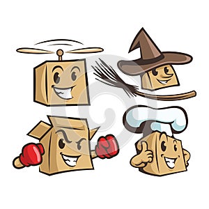 Set of many box in different profession. wizard, chef, boxer, flying box. logo character. mascot vector illustration