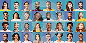 Set Of Many Cheerful People Faces On Blue Backgrounds, Collage