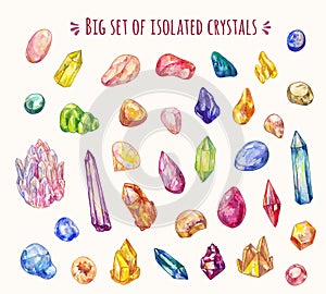 Set of many different crystals in sketch doodle style. Vector hand-drawn icons. Decoration game elements