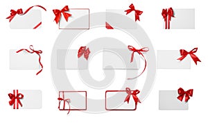 Set of many different gift cards with red bows on white background, top view