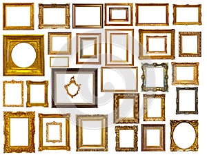 Set of many gold frames. Isolated over white