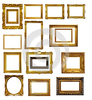 Set of many gold picture frames