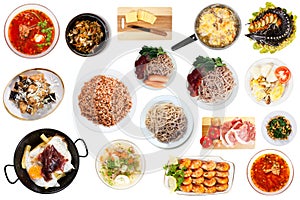 Set of many plates with food over white background