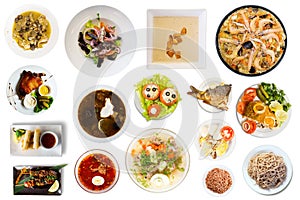 Set of many plates with food over white background