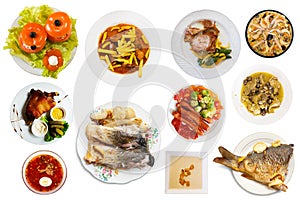 Set of many plates with food over white background