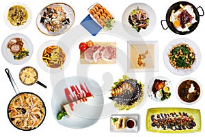 Set of many plates with food over white background