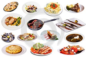 Set of many plates with tasty food over white background