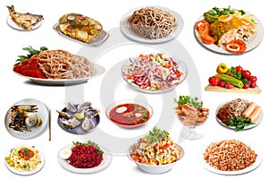 Set of many plates with tasty food over white background