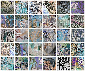 A set of many small fragments of tagged walls. Graffiti vandalism abstract background collage