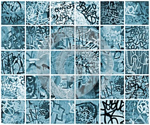 A set of many small fragments of tagged walls. Graffiti vandalism abstract background collage