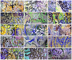 A set of many small fragments of tagged walls. Graffiti vandalism abstract background collage