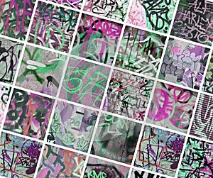 A set of many small fragments of tagged walls. Graffiti vandalism abstract background collage