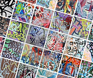 A set of many small fragments of tagged walls. Graffiti vandalism abstract background collage