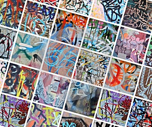 A set of many small fragments of tagged walls. Graffiti vandalism abstract background collage