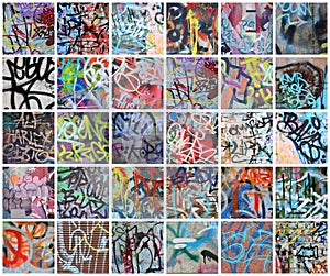 A set of many small fragments of tagged walls. Graffiti vandalism abstract background collage