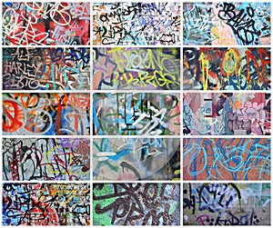 A set of many small fragments of tagged walls. Graffiti vandalism abstract background collage