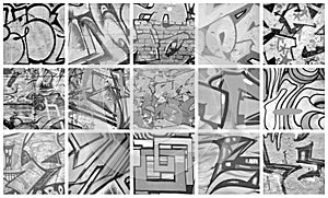 A set of many small fragments of tagged walls. Graffiti vandalism abstract background collage in monochrome