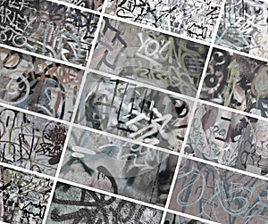 A set of many small fragments of tagged walls. Graffiti vandalism abstract background collage in retro tones