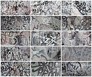 A set of many small fragments of tagged walls. Graffiti vandalism abstract background collage in retro tones