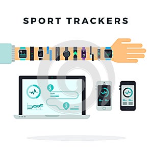 Set of many sports trackers, fitness bracelets and devices vector icon flat isolated.