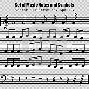 Set of many various black notes and symbols.