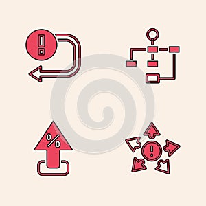Set Many ways directional arrow, Arrow, Hierarchy organogram chart and Percent up icon. Vector