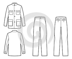 Set of Mao Suit tunic classic Pant and jacket technical fashion illustration with two - piece, single breasted, oversize