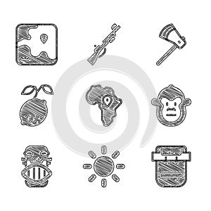 Set Map of Africa, Sun, Hiking backpack, Monkey, Mexican mayan or aztec mask, Lemon, Wooden axe and safari map icon