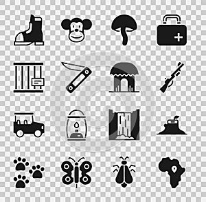 Set Map of Africa, Tree stump, Hunting gun, Mushroom, Swiss army knife, Animal cage, Hunter boots and African hut icon