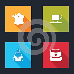 Set Map of France, Coffee cup, Handbag and Kepi icon. Vector