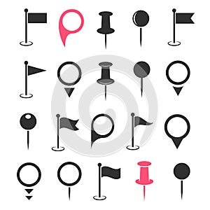 Set of map pin icons and location marker signs.
