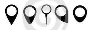 A set of map pin icons in various shapes. Location pointers.