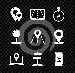 Set Map pin, Infographic of city map navigation, Compass, Laptop with location marker, Road traffic sign, Push and icon