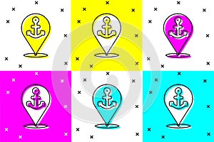 Set Map pointer with anchor icon isolated on color background. Vector
