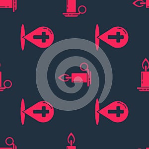 Set Map pointer with christian cross and Burning candle in candlestick on seamless pattern. Vector