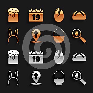 Set Map pointer with christian cross, Easter cake, Search and easter egg, Basket, Mask long bunny ears, Broken, and