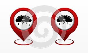 Set of map pointer with cloud and lightning icon. Red map pin. Storm location.