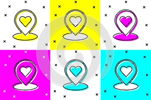 Set Map pointer with heart icon isolated on color background. Valentines day. Love location. Romantic map pin. Vector