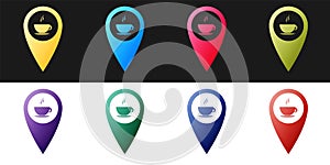 Set Map pointer with hot coffee cup icon isolated on black and white background. Vector