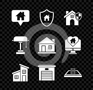 Set Map pointer with house, House shield, Garage, Swimming pool ladder, Table lamp and icon. Vector